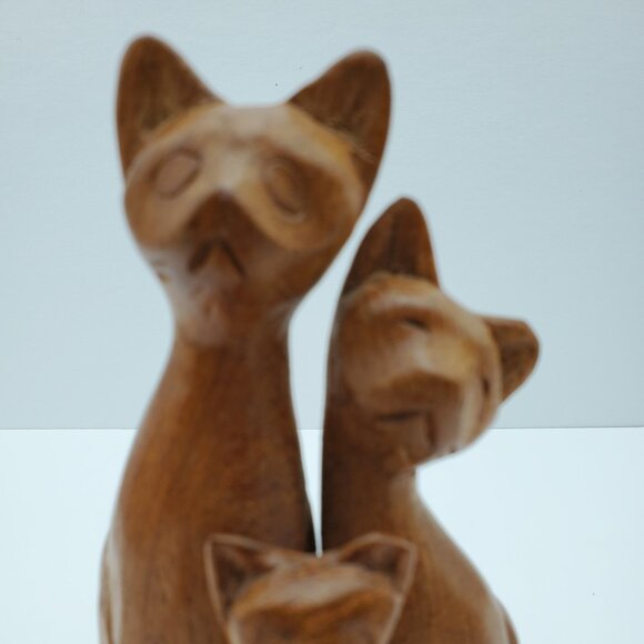 Wooden Cat Figurine Three Wood Cats Kittens Statue Primitive Wooden Cats - Picture 3 of 6